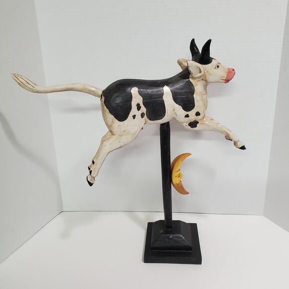 Set of 2 Flying Pig & Cow Jumped Over Moon Carved Wood Figurines Folk Art Vtg? - Picture 3 of 16